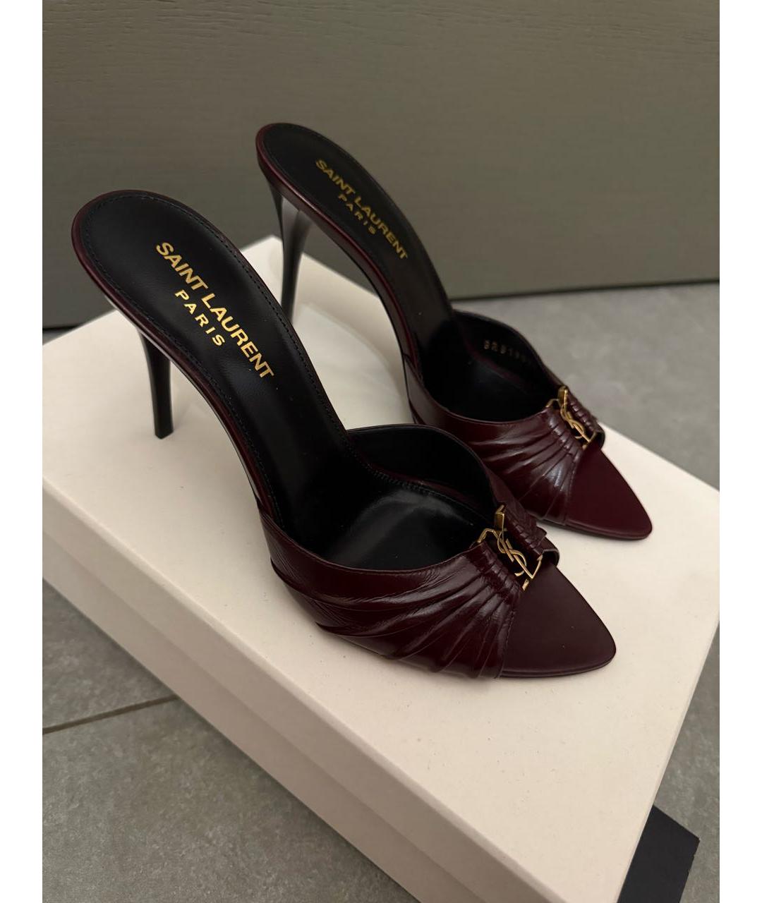 SAINT LAURENT Бордовые кожаные мюли, фото 4