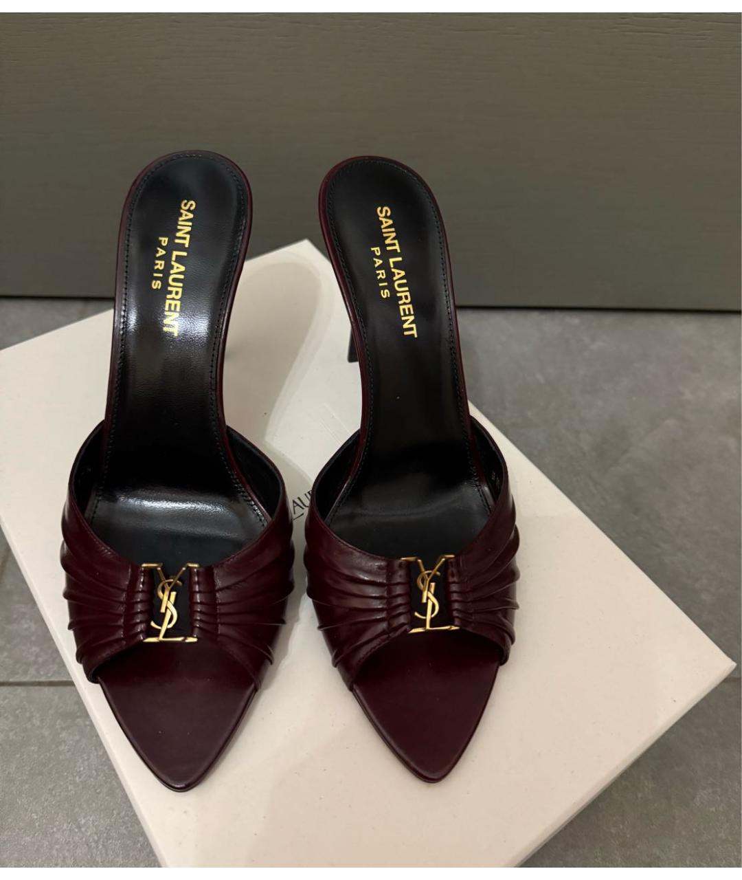 SAINT LAURENT Бордовые кожаные мюли, фото 2