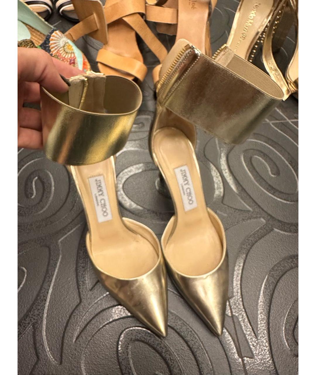 JIMMY CHOO Золотые кожаные лодочки на низком каблуке, фото 2