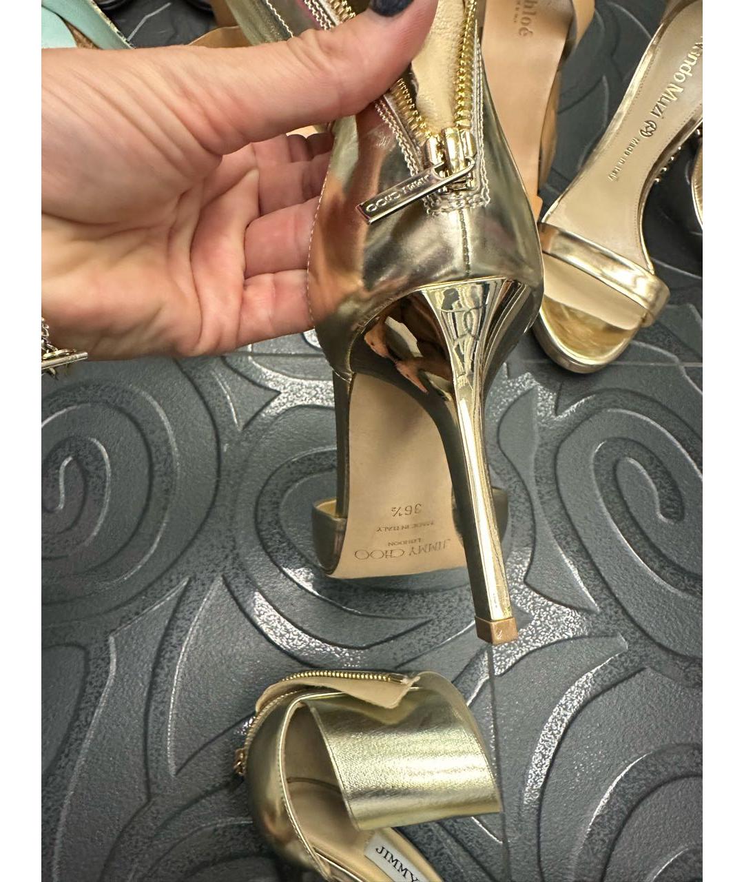 JIMMY CHOO Золотые кожаные лодочки на низком каблуке, фото 3