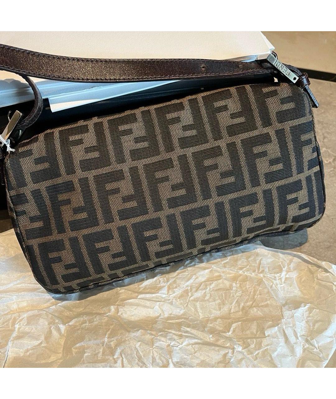 FENDI Коричневая тканевая сумка с короткими ручками, фото 3