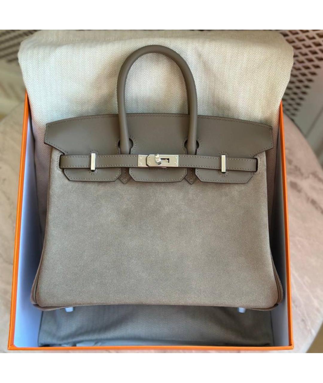 HERMES Серая замшевая сумка с короткими ручками, фото 2