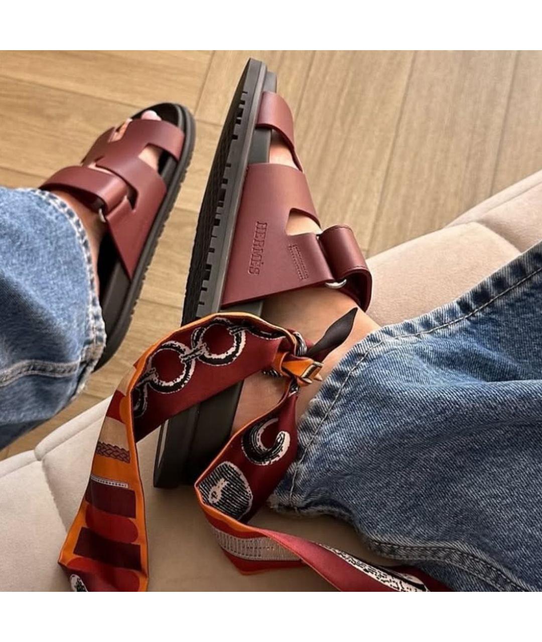HERMES Бордовые кожаные шлепанцы, фото 4