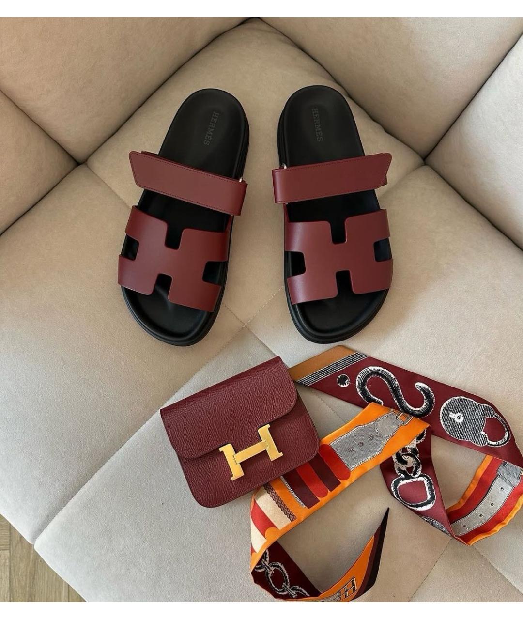 HERMES Бордовые кожаные шлепанцы, фото 3