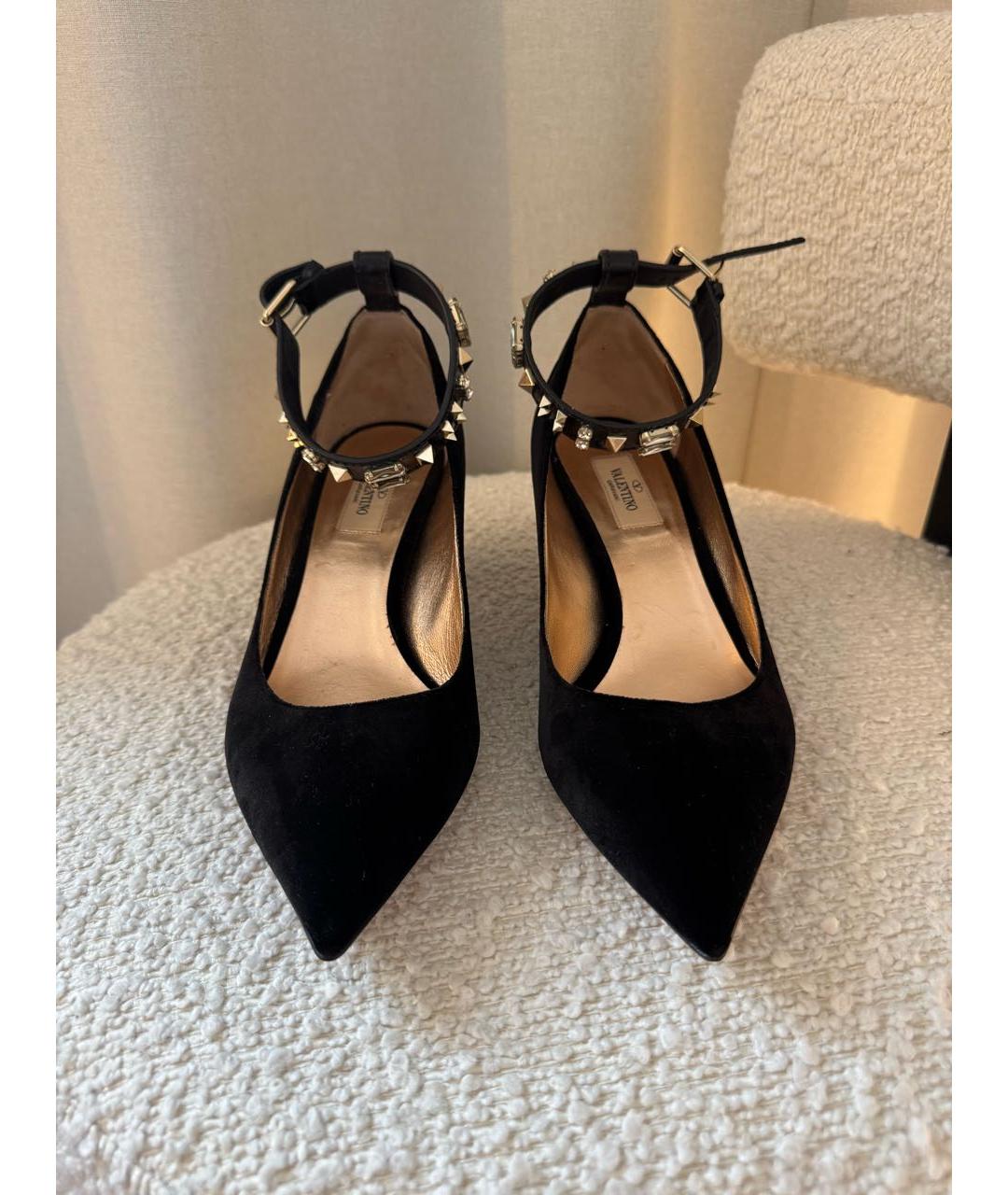VALENTINO Черные бархатные лодочки на низком каблуке, фото 2