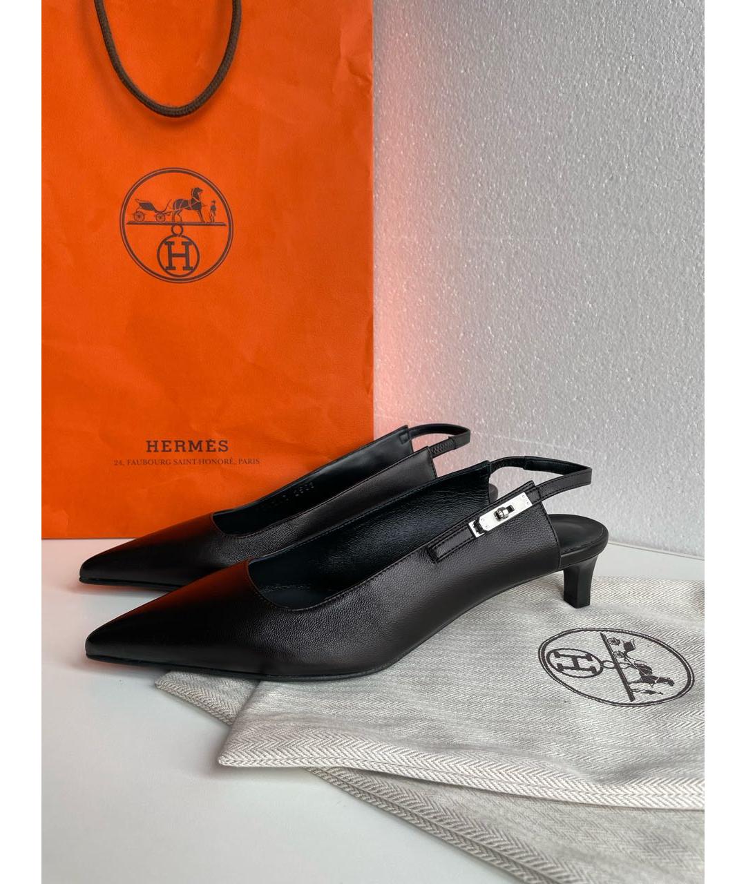 HERMES Черные кожаные лодочки на низком каблуке, фото 3