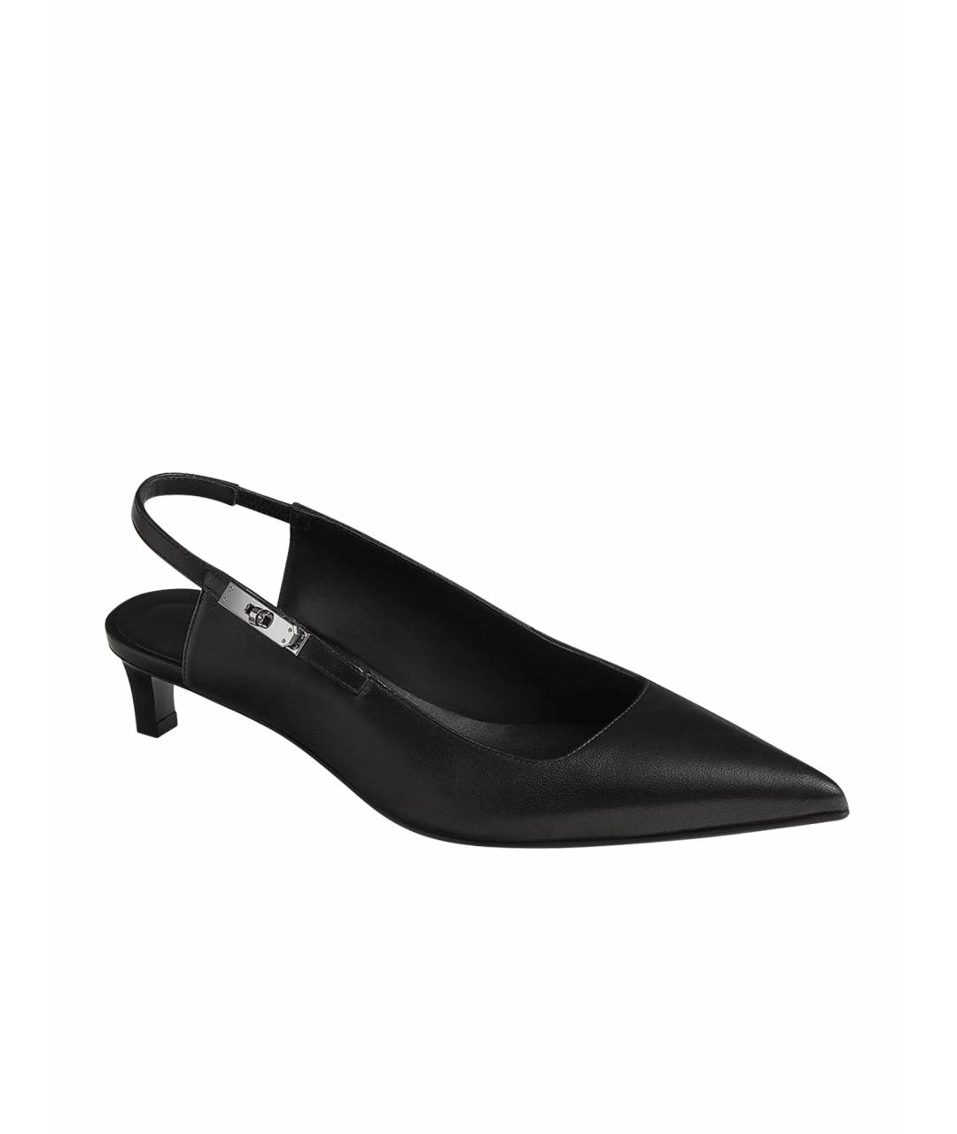 HERMES Черные кожаные лодочки на низком каблуке, фото 1