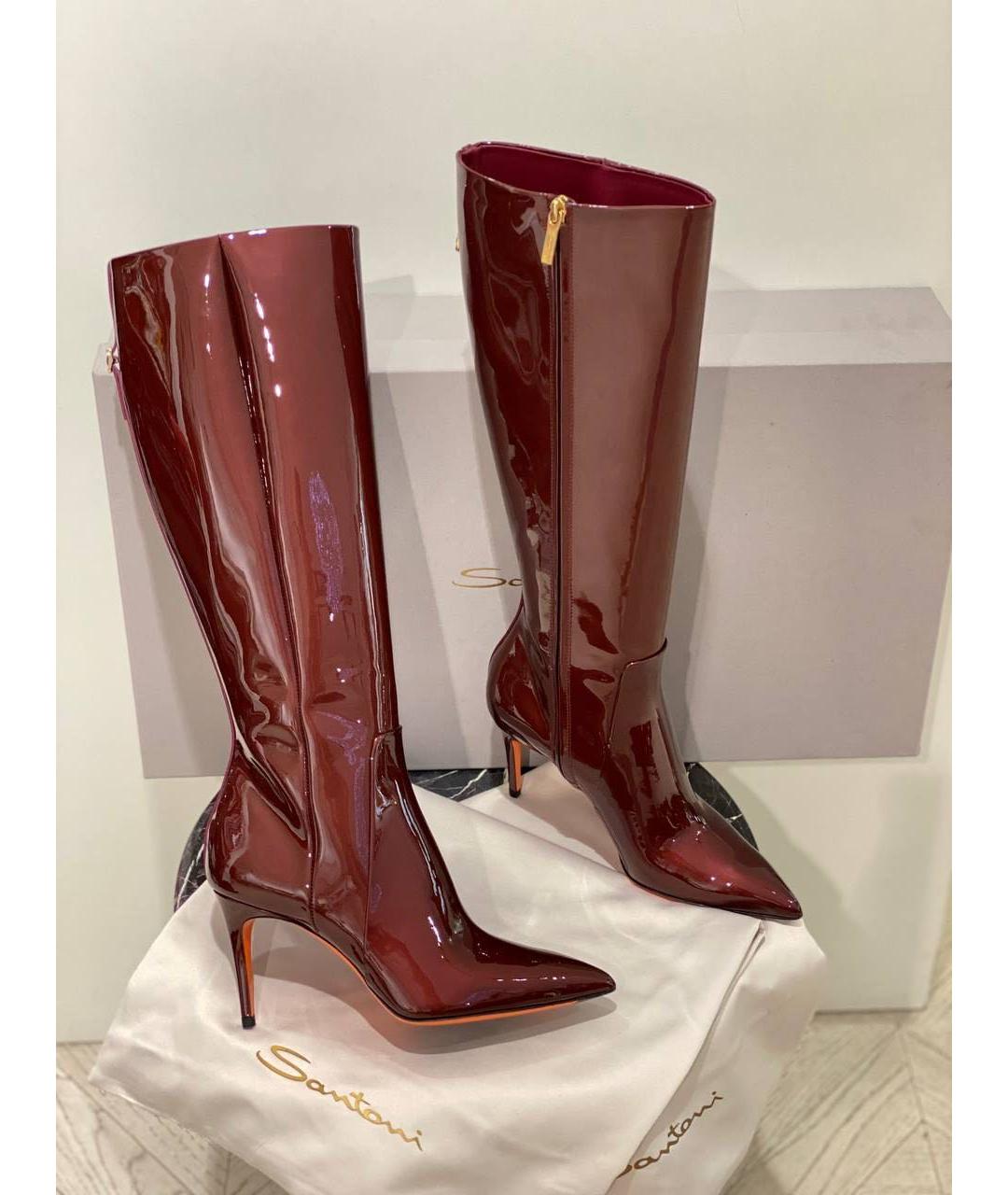 SANTONI Бордовые сапоги из лакированной кожи, фото 6