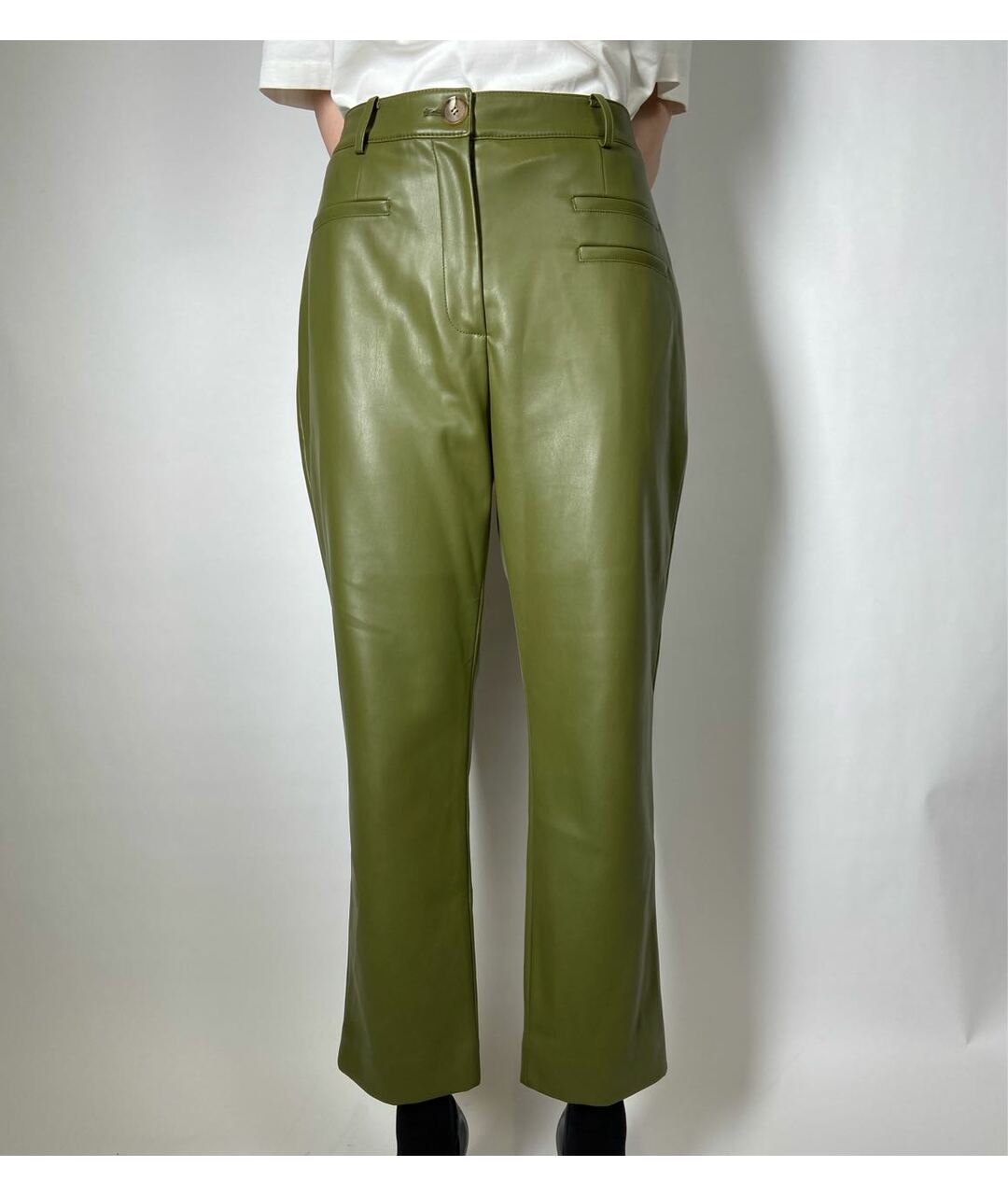 REJINA PYO Зеленые кожаные прямые брюки, фото 2
