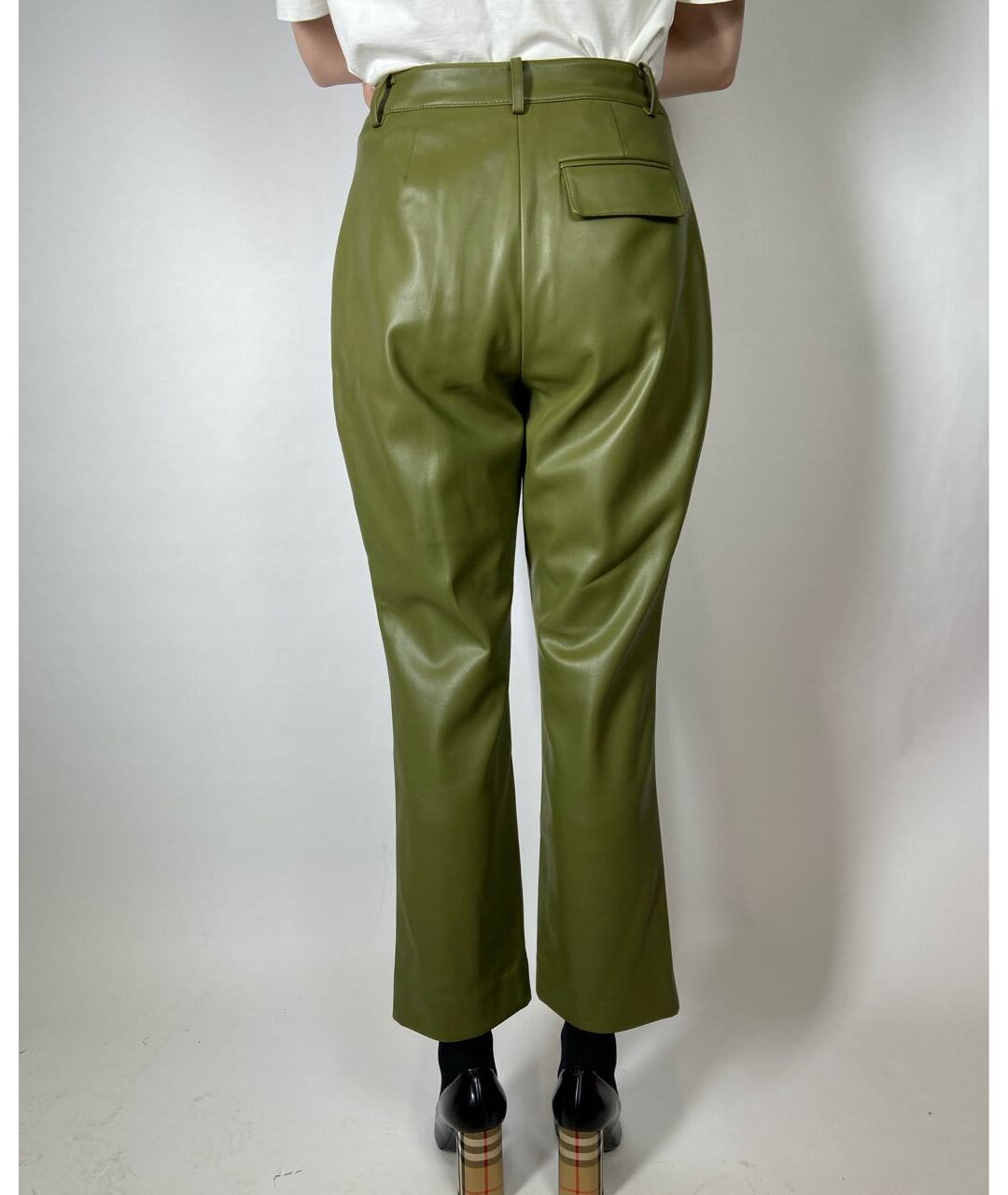 REJINA PYO Зеленые кожаные прямые брюки, фото 4