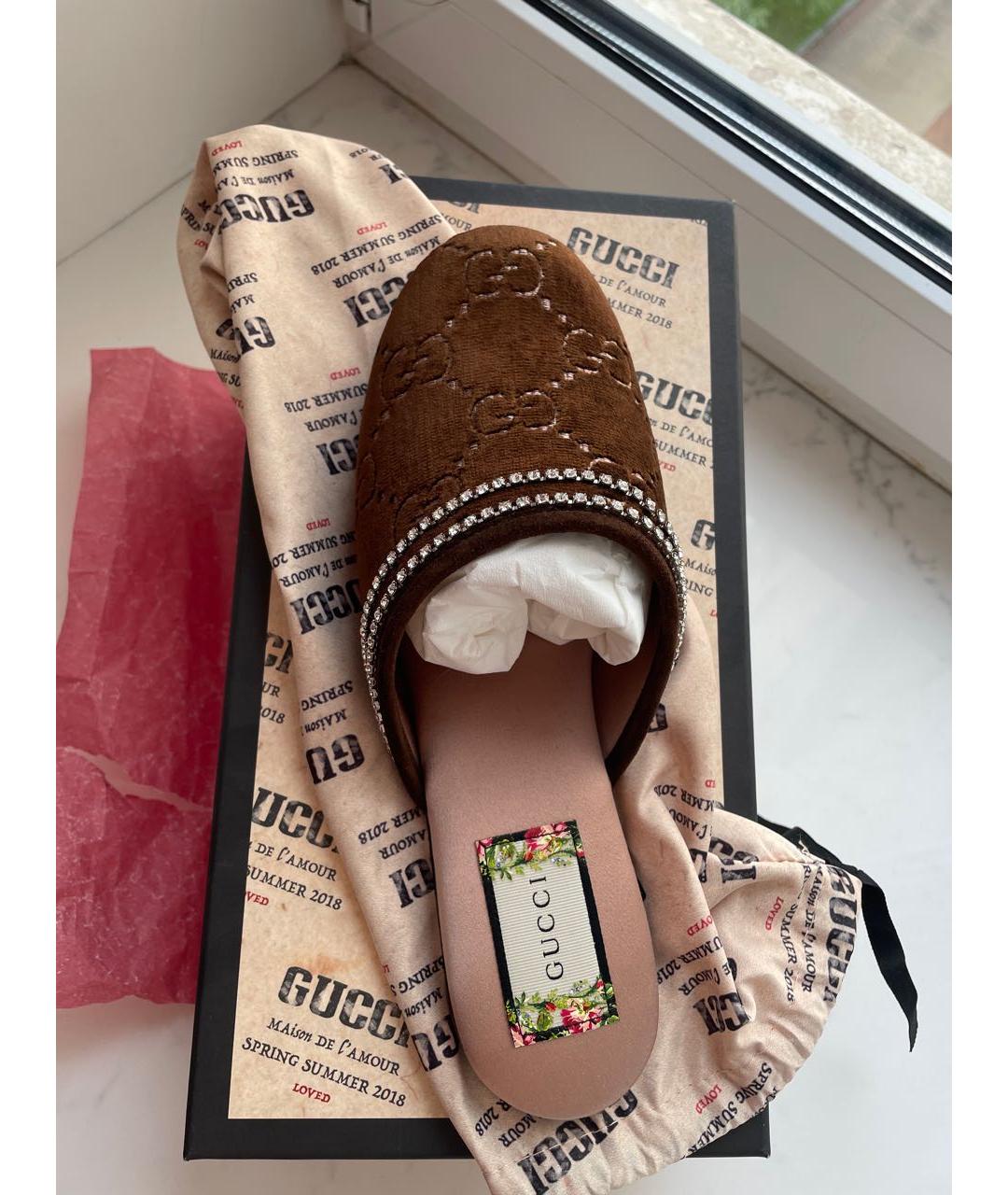 GUCCI Коричневые бархатные мюли, фото 3