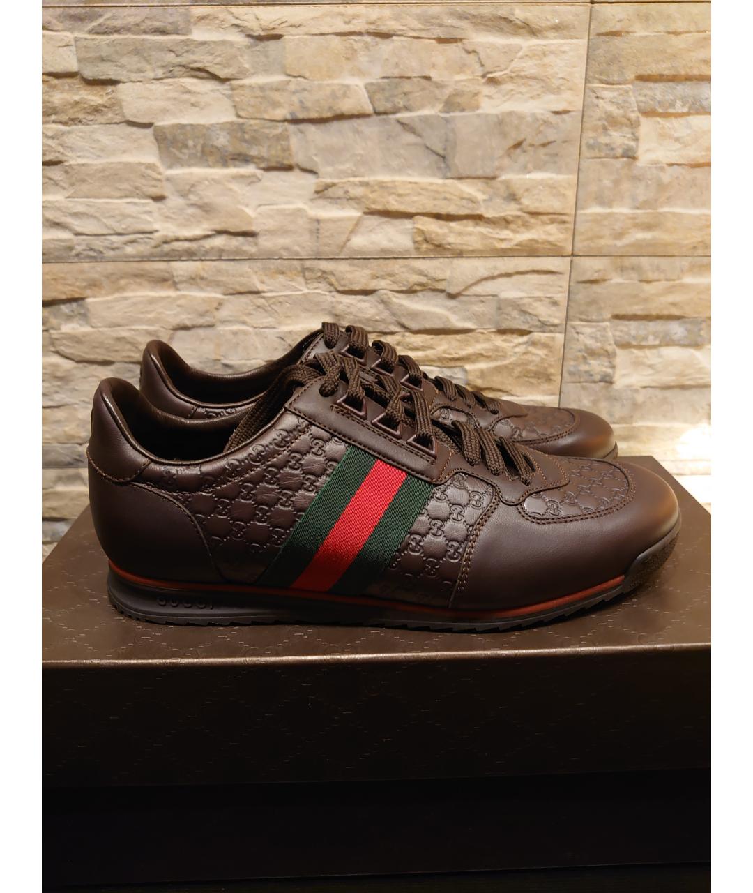 GUCCI Коричневые кожаные низкие кроссовки / кеды, фото 8