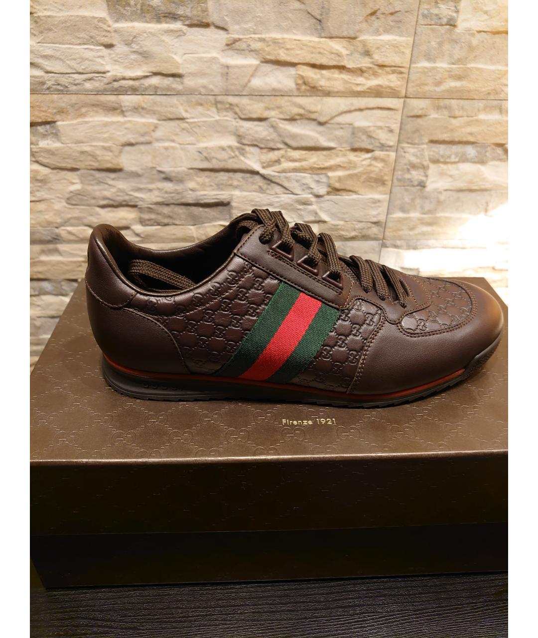 GUCCI Коричневые кожаные низкие кроссовки / кеды, фото 10