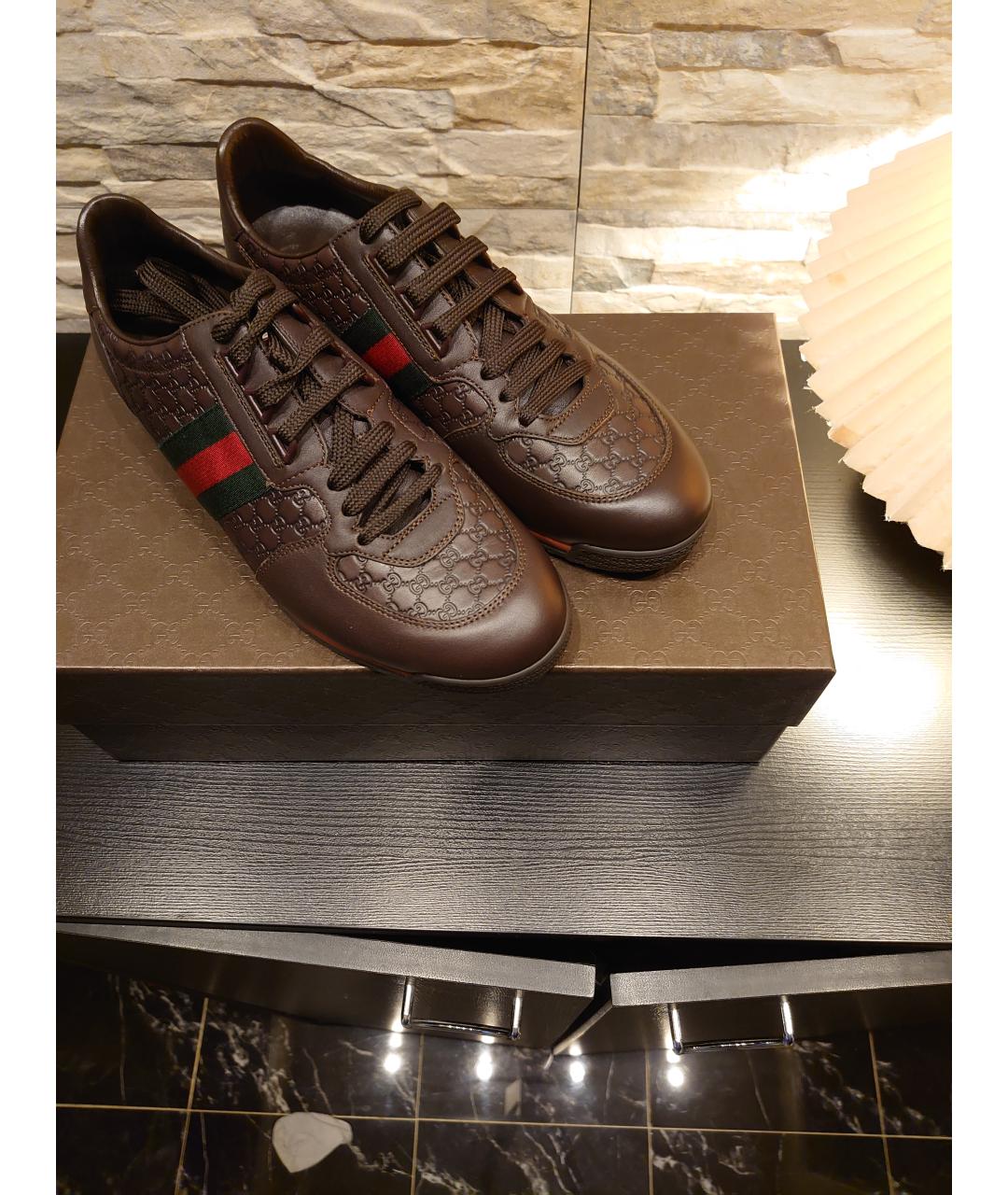 GUCCI Коричневые кожаные низкие кроссовки / кеды, фото 2