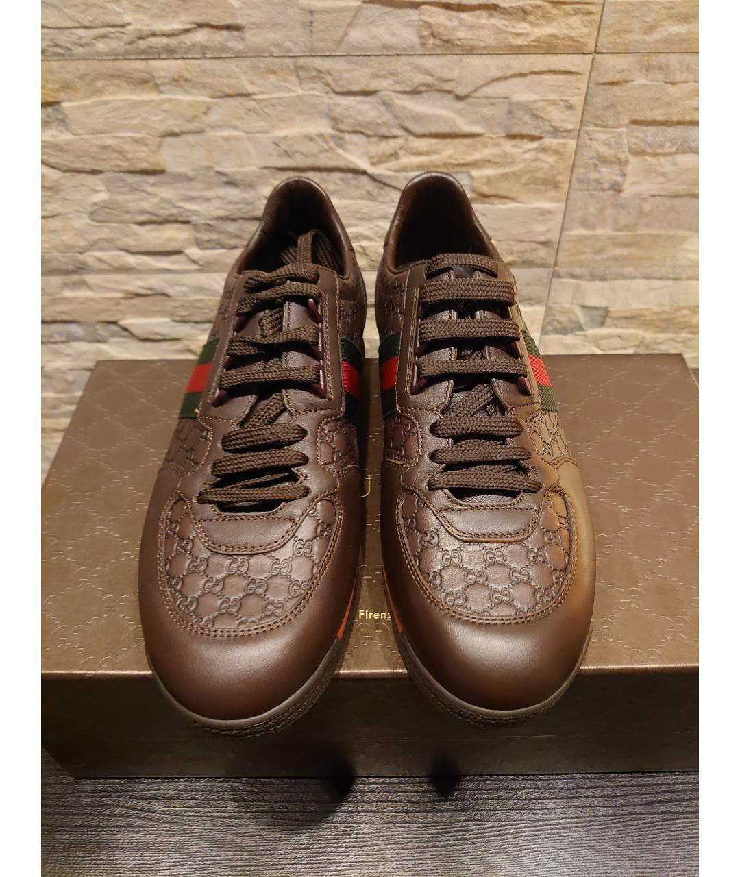 GUCCI Коричневые кожаные низкие кроссовки / кеды, фото 3
