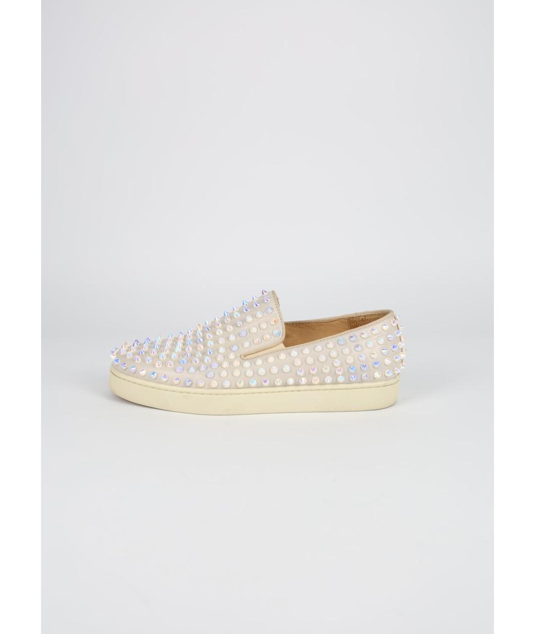 CHRISTIAN LOUBOUTIN Бежевые кожаные слипоны, фото 4