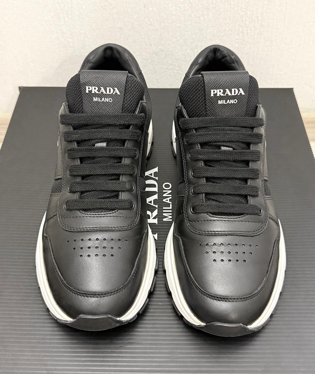 PRADA Черные кожаные низкие кроссовки / кеды, фото 4