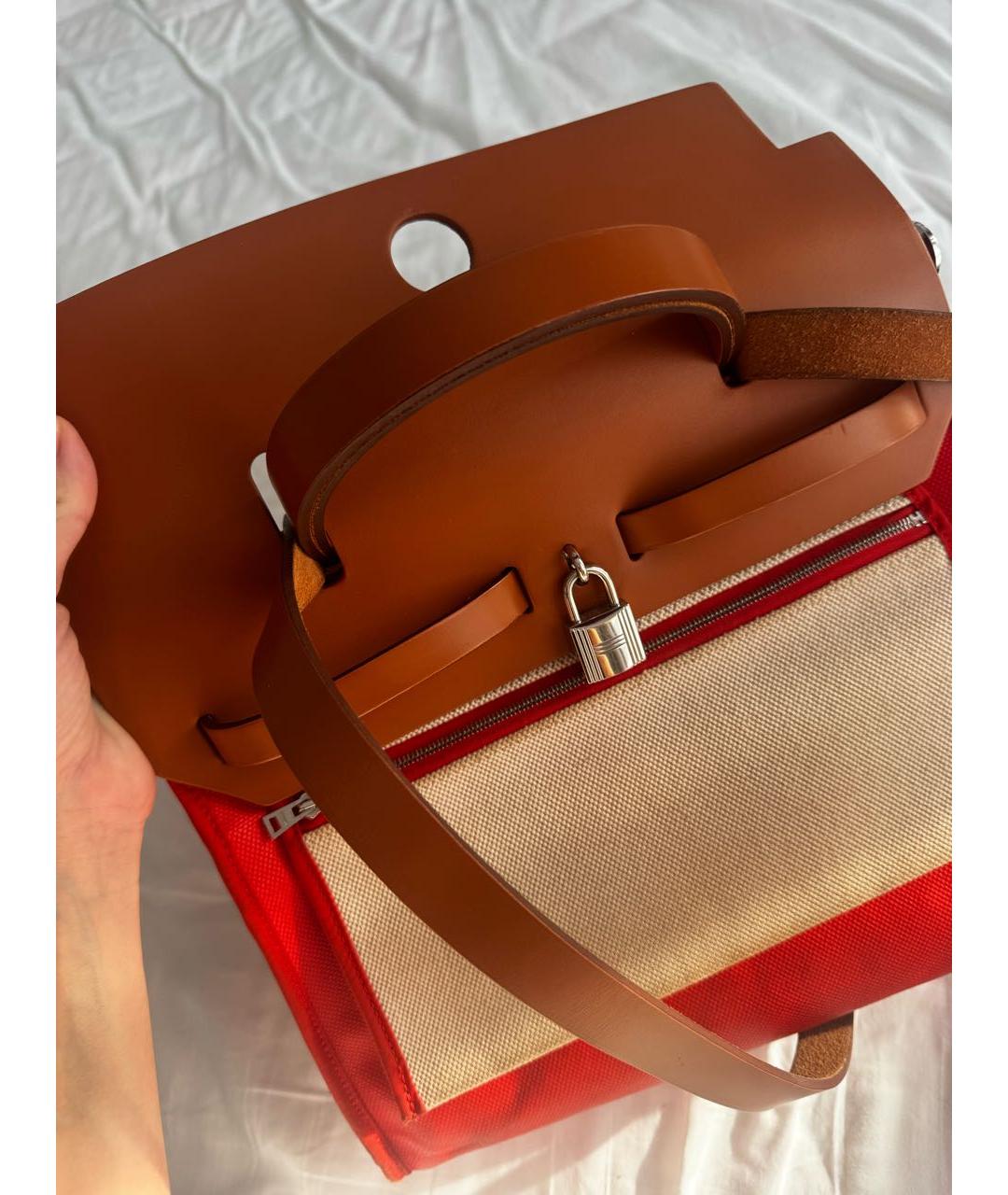 HERMES Оранжевая тканевая сумка с короткими ручками, фото 7