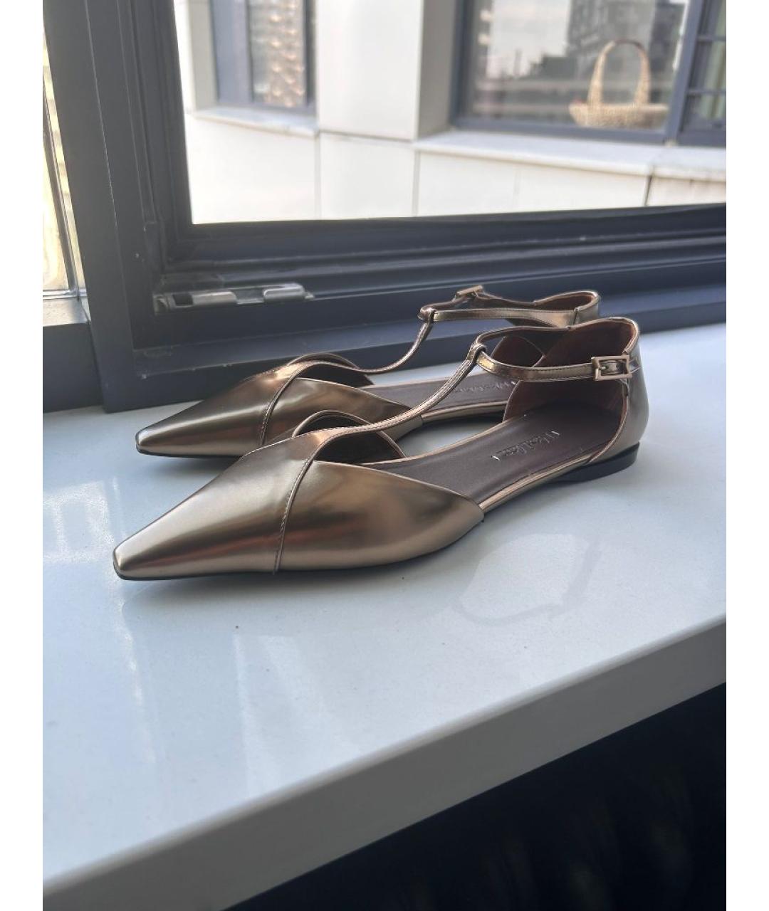 MAX MARA Золотые кожаные лодочки на низком каблуке, фото 5