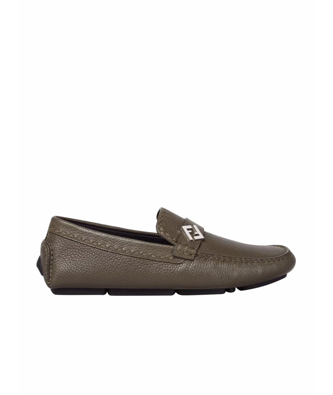FENDI Хаки кожаные мокасины, фото 1