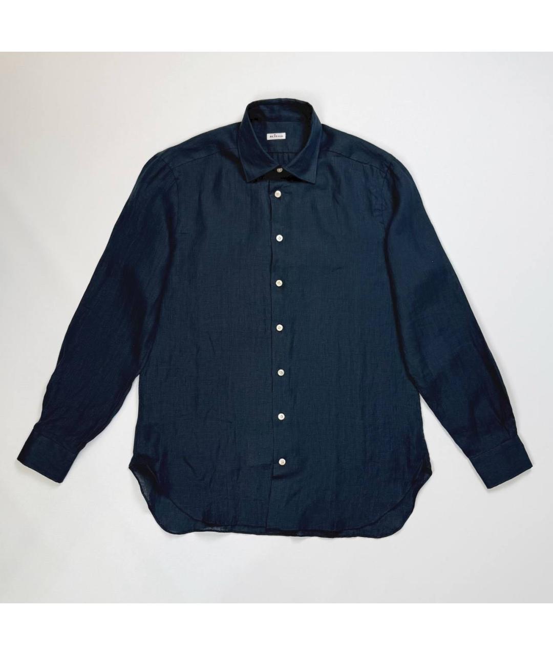 KITON Темно-синяя льняная классическая рубашка, фото 5