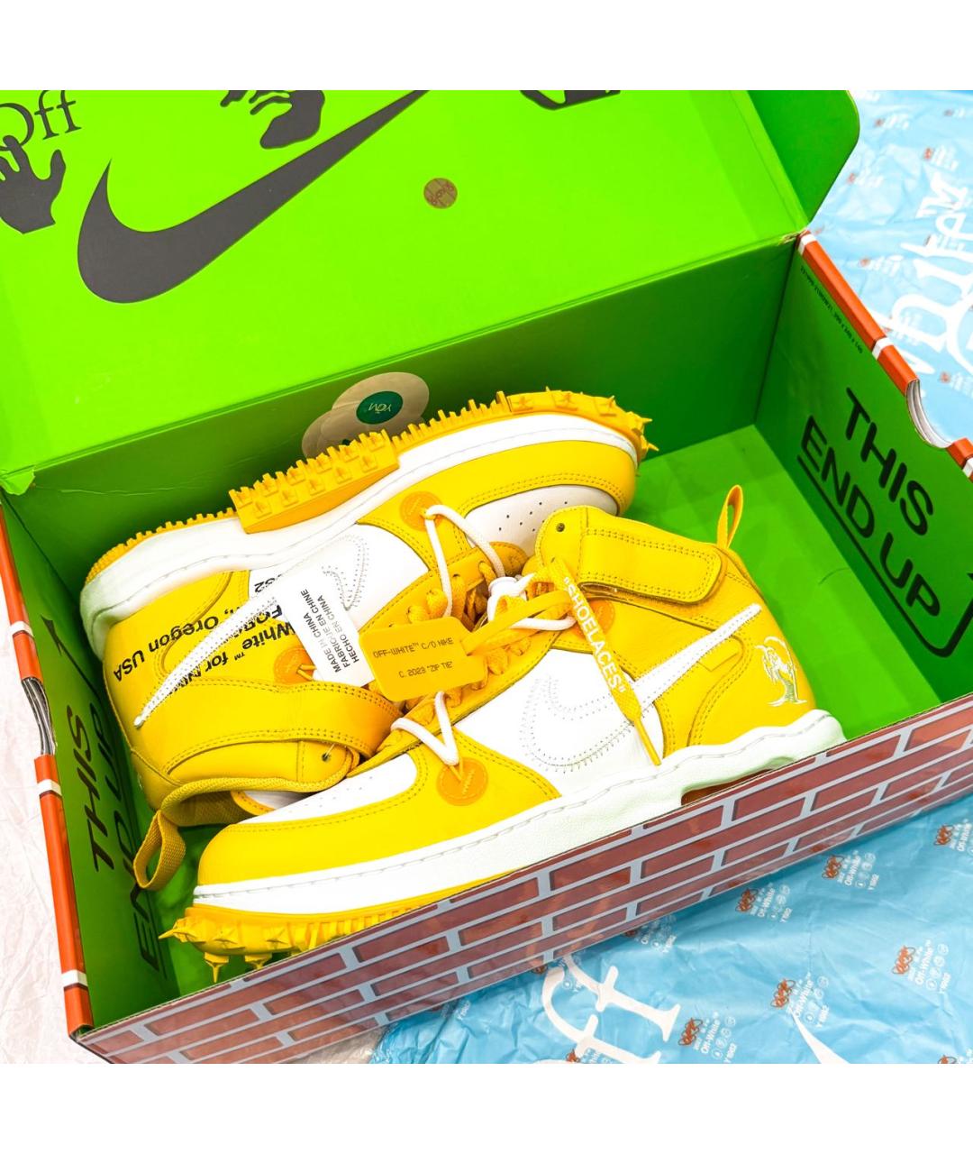 NIKE X OFF-WHITE Желтые кожаные высокие кроссовки / кеды, фото 5