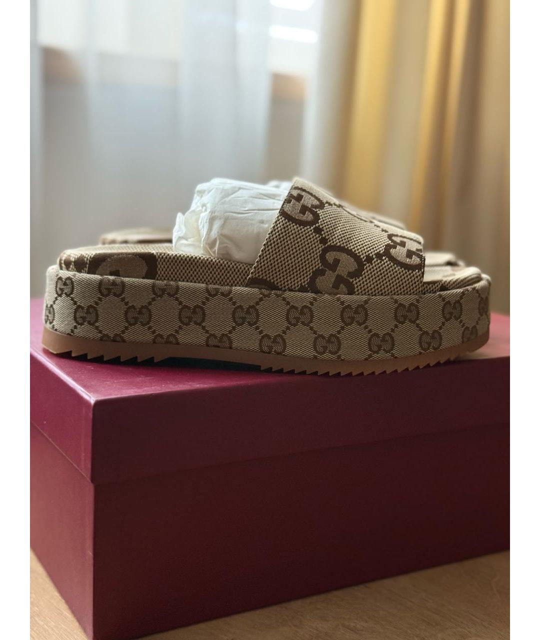 GUCCI Бежевые текстильные шлепанцы, фото 5