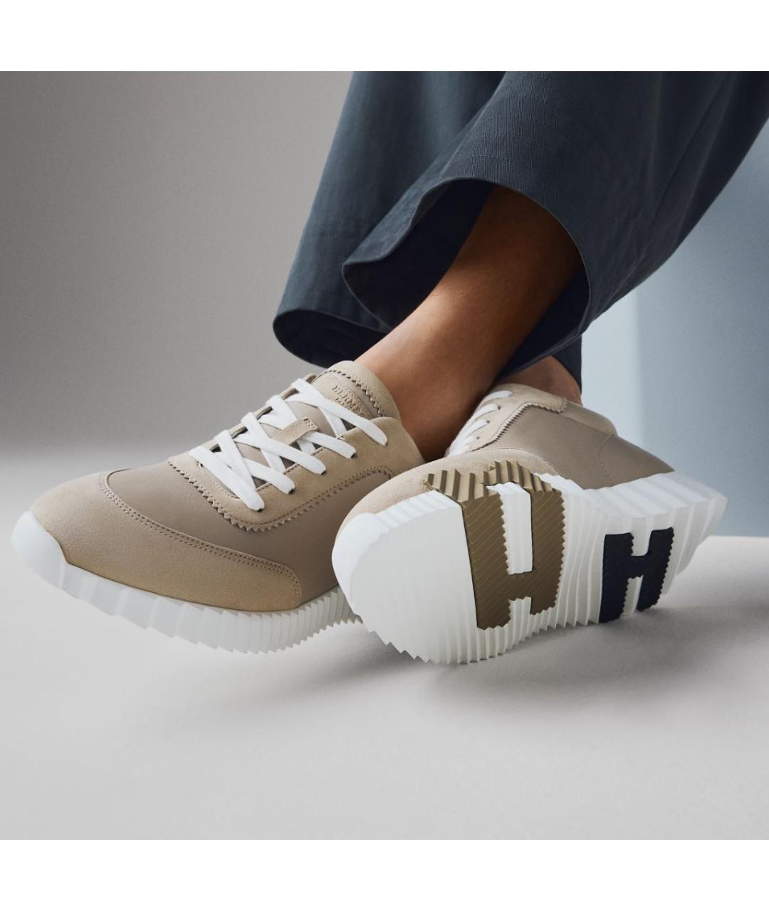 HERMES Бежевые кожаные низкие кроссовки / кеды, фото 2