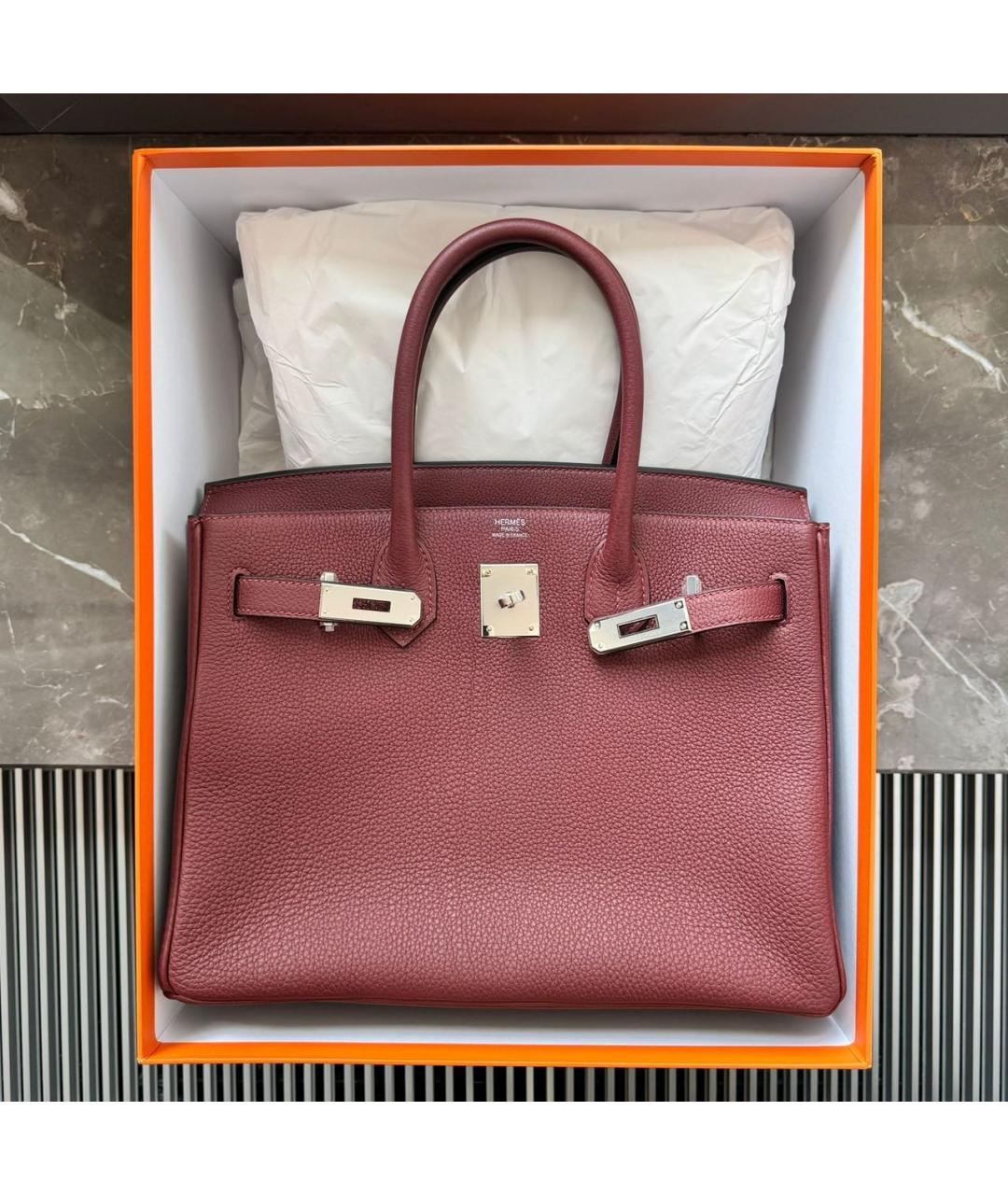 HERMES Бордовая кожаная сумка с короткими ручками, фото 5