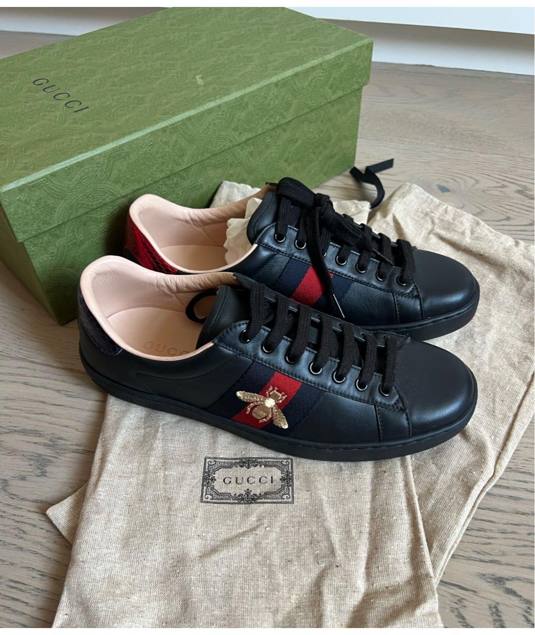 GUCCI Черные кожаные низкие кроссовки / кеды, фото 2
