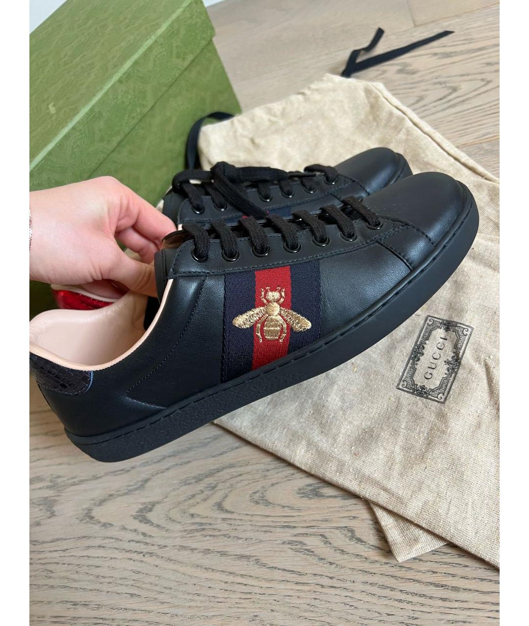 GUCCI Черные кожаные низкие кроссовки / кеды, фото 5