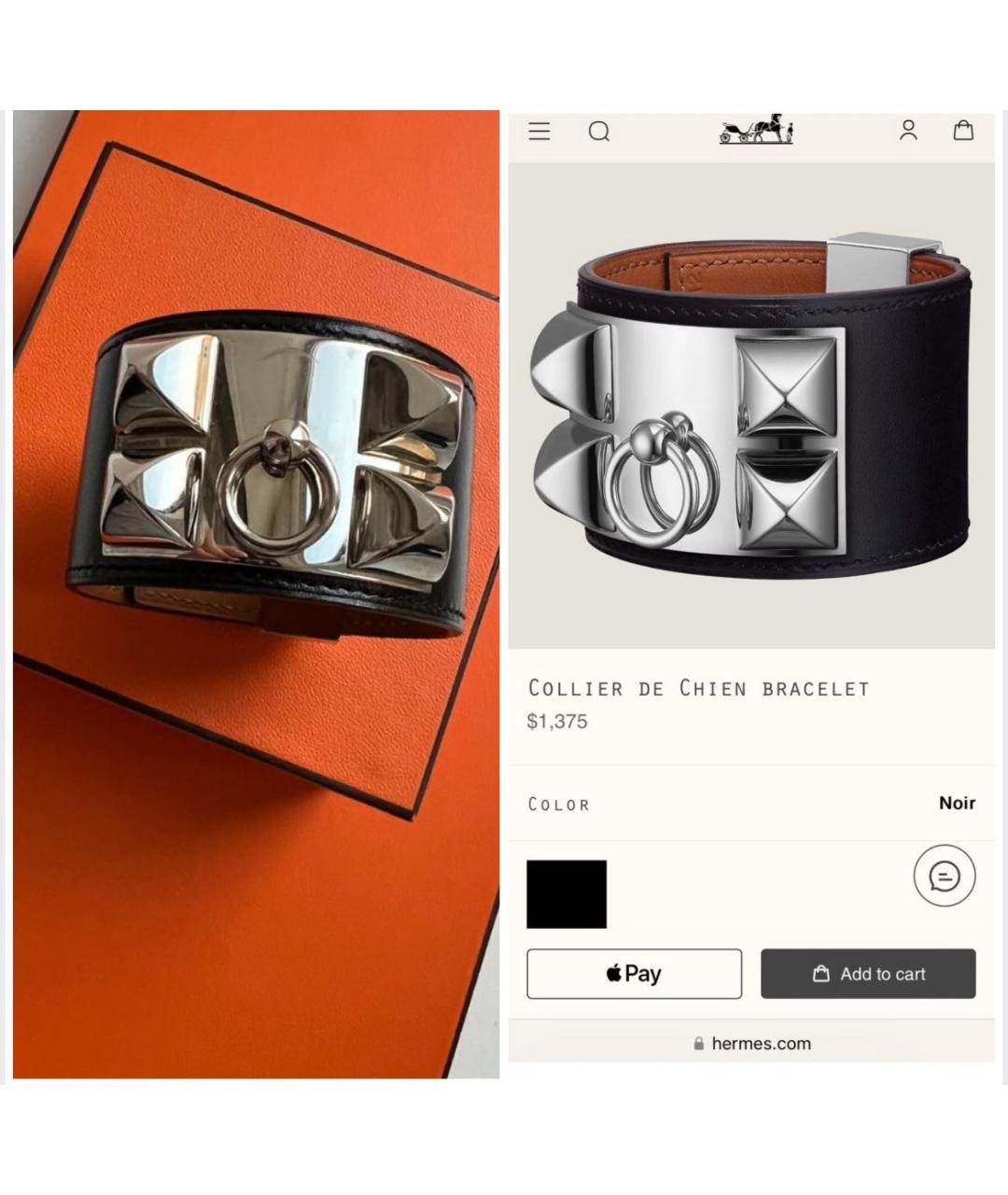HERMES Черный кожаный браслет, фото 3