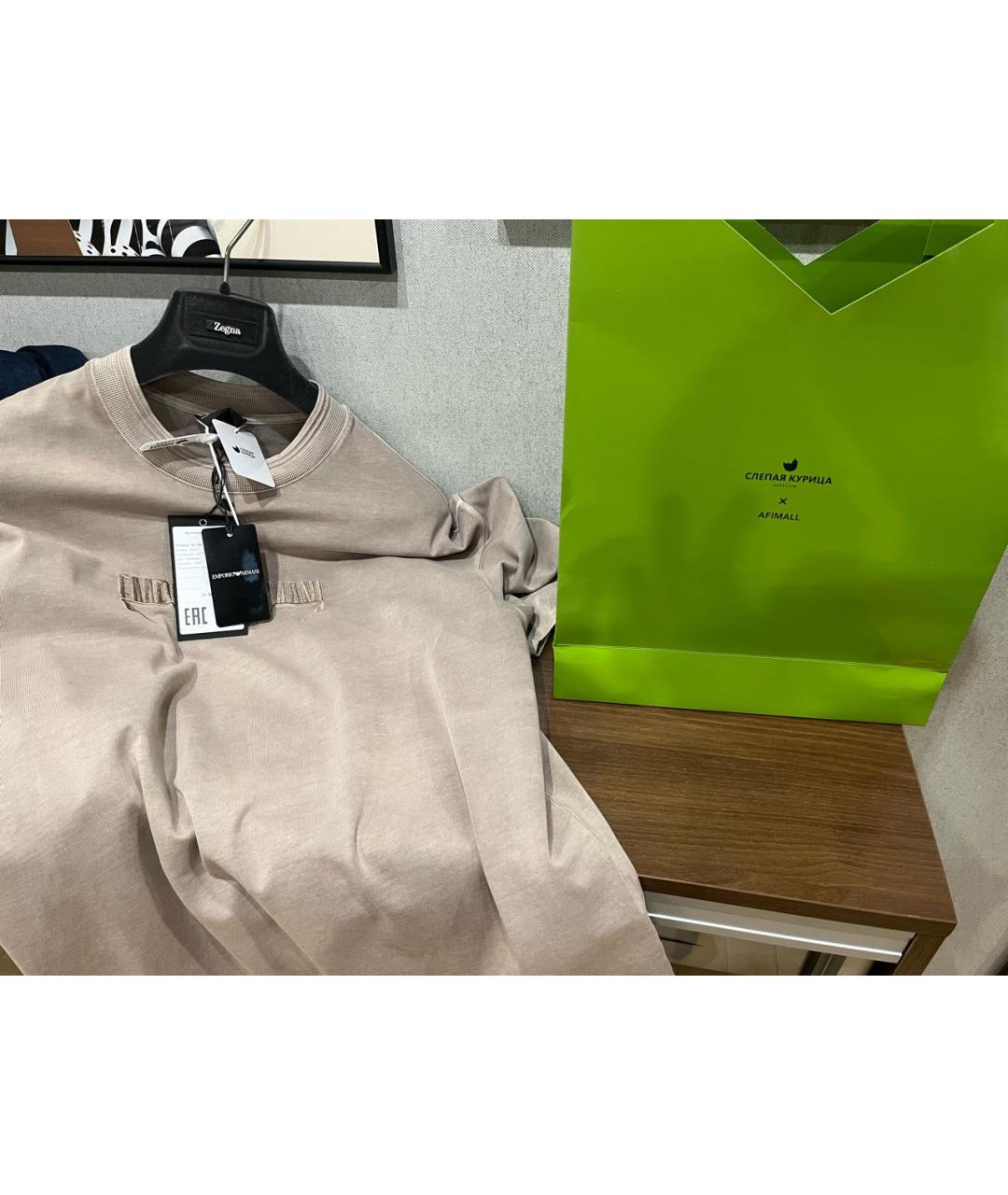 EMPORIO ARMANI Бежевая хлопковая футболка, фото 7