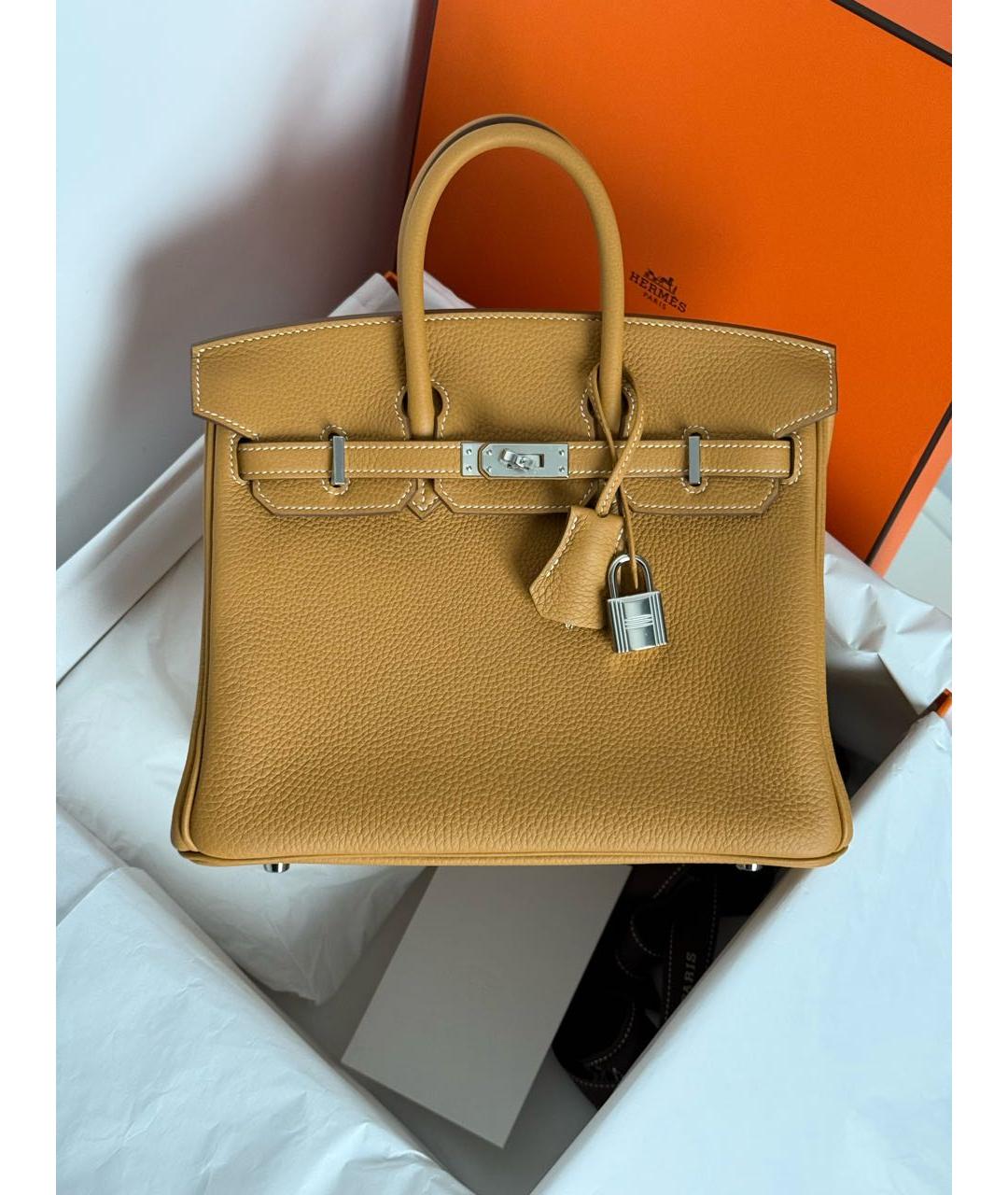HERMES Горчичная кожаная сумка с короткими ручками, фото 7