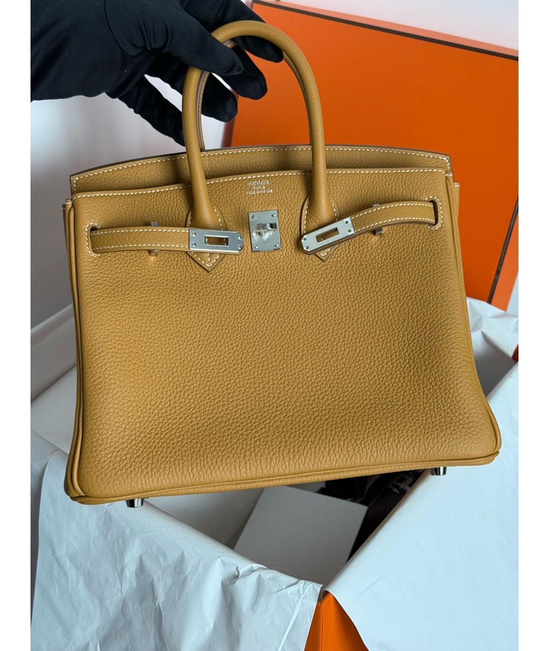 HERMES Горчичная кожаная сумка с короткими ручками, фото 6
