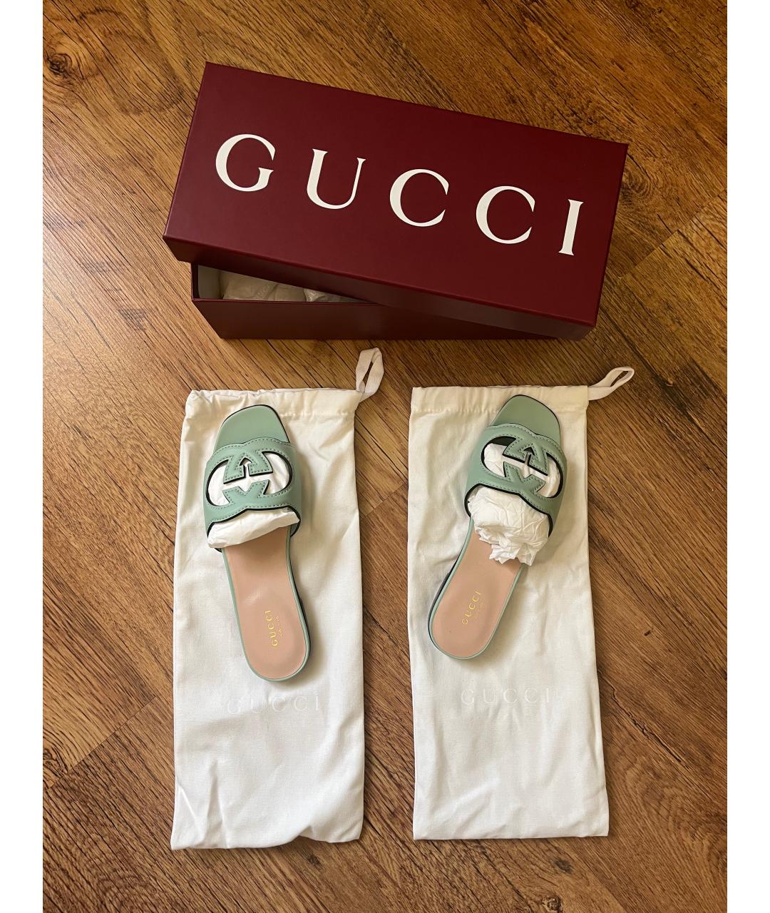 GUCCI Зеленые кожаные шлепанцы, фото 7