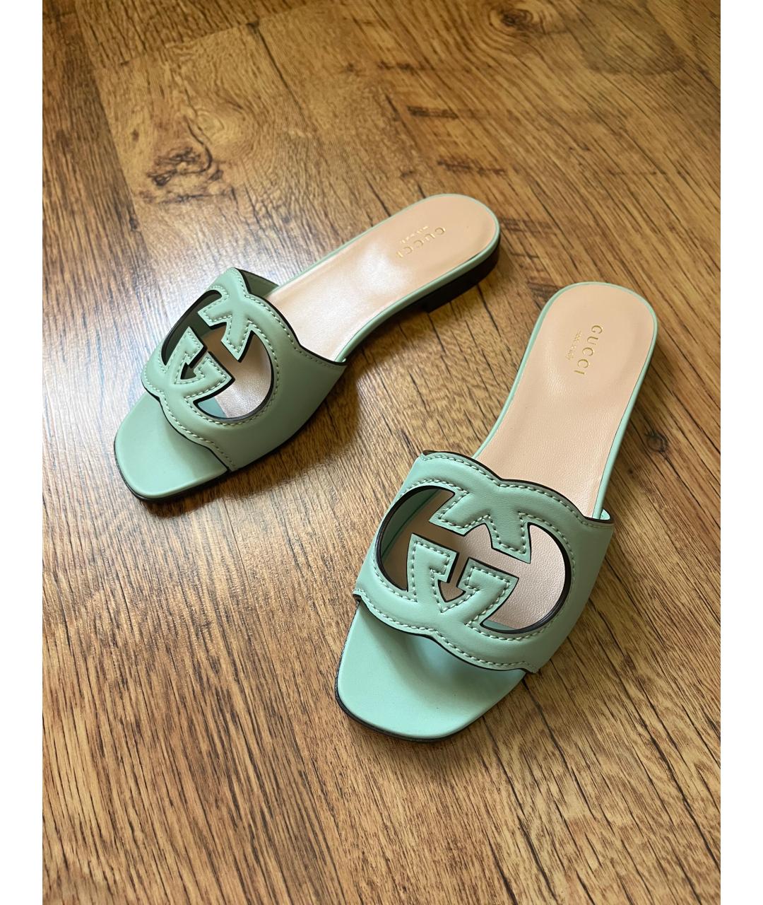 GUCCI Зеленые кожаные шлепанцы, фото 6
