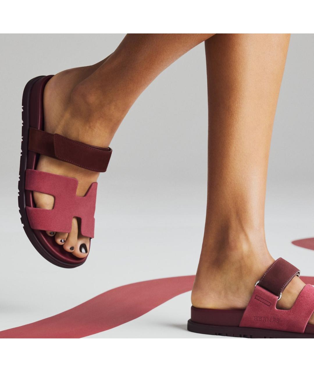 HERMES Бордовые замшевые шлепанцы, фото 6