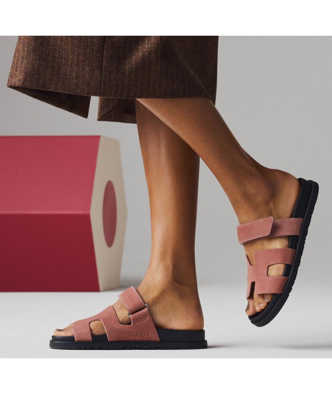 HERMES Коралловые замшевые шлепанцы, фото 6