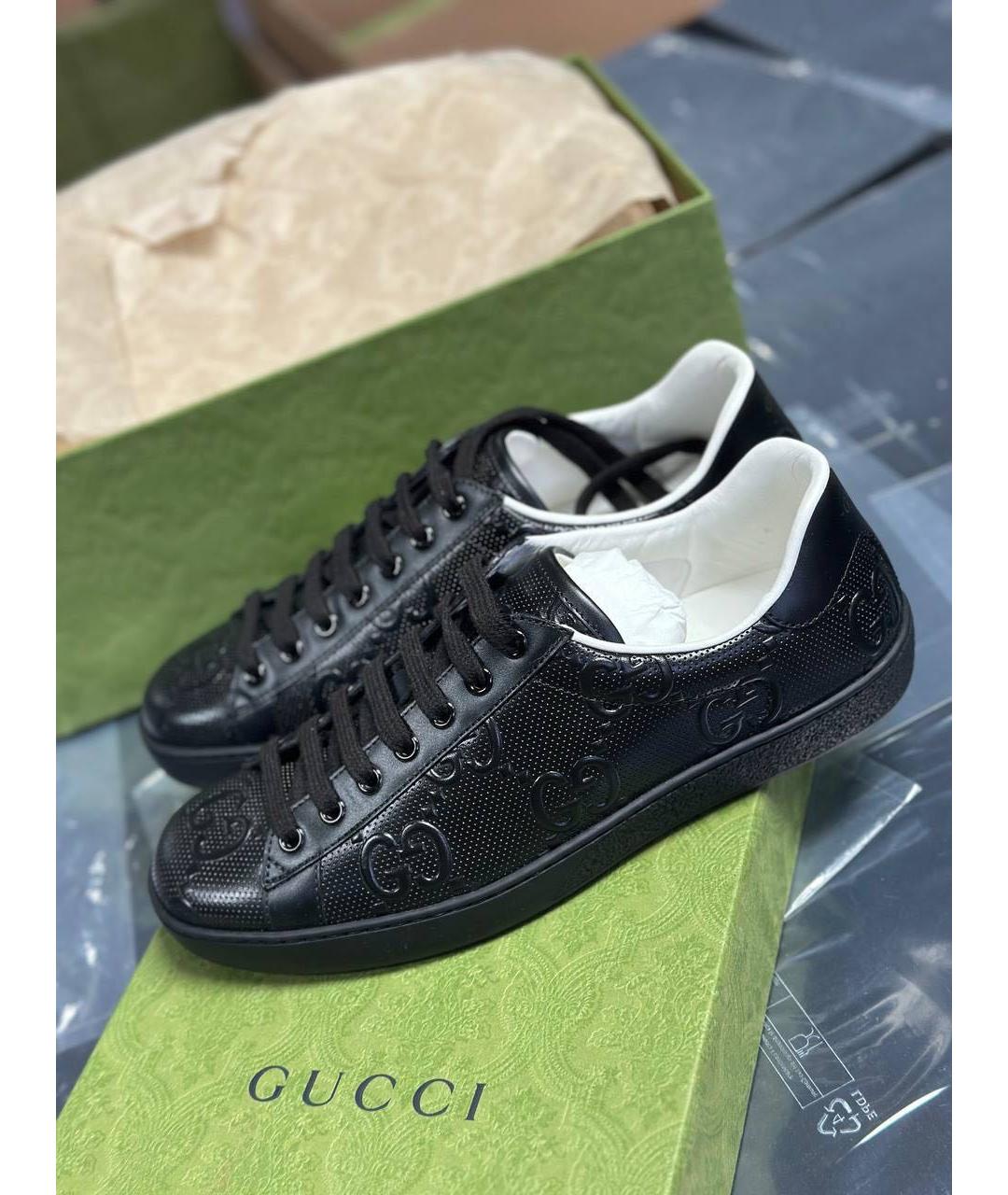 GUCCI Черные кожаные низкие кроссовки / кеды, фото 9