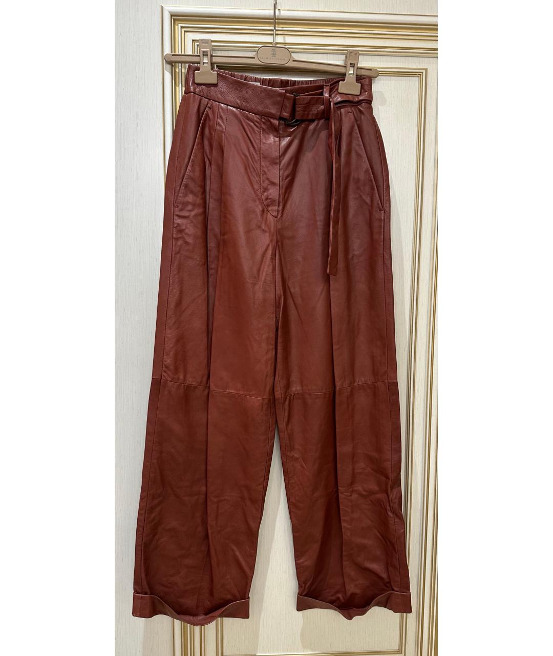 BRUNELLO CUCINELLI Коричневые кожаные брюки широкие, фото 4