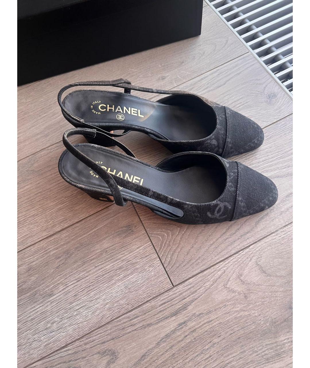 CHANEL Антрацитовые текстильные лодочки на низком каблуке, фото 3