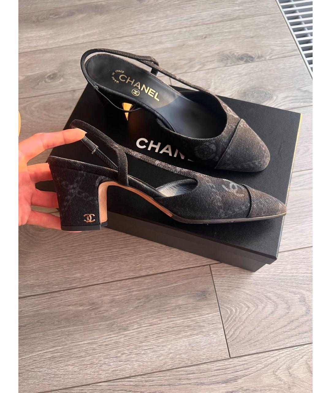 CHANEL Антрацитовые текстильные лодочки на низком каблуке, фото 7