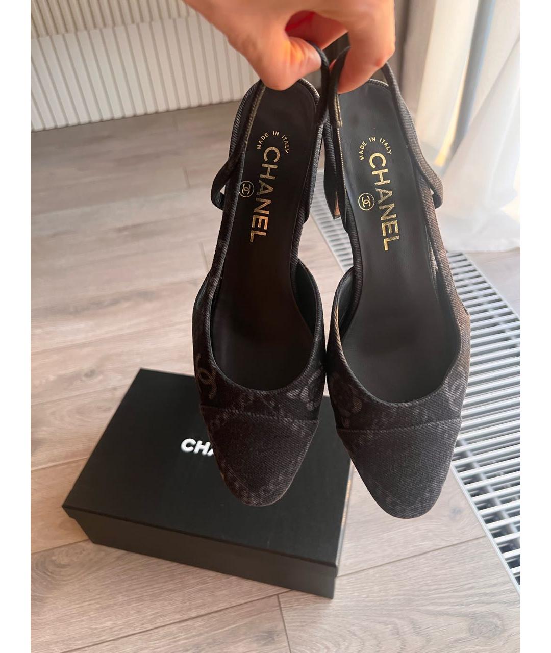 CHANEL Антрацитовые текстильные лодочки на низком каблуке, фото 6