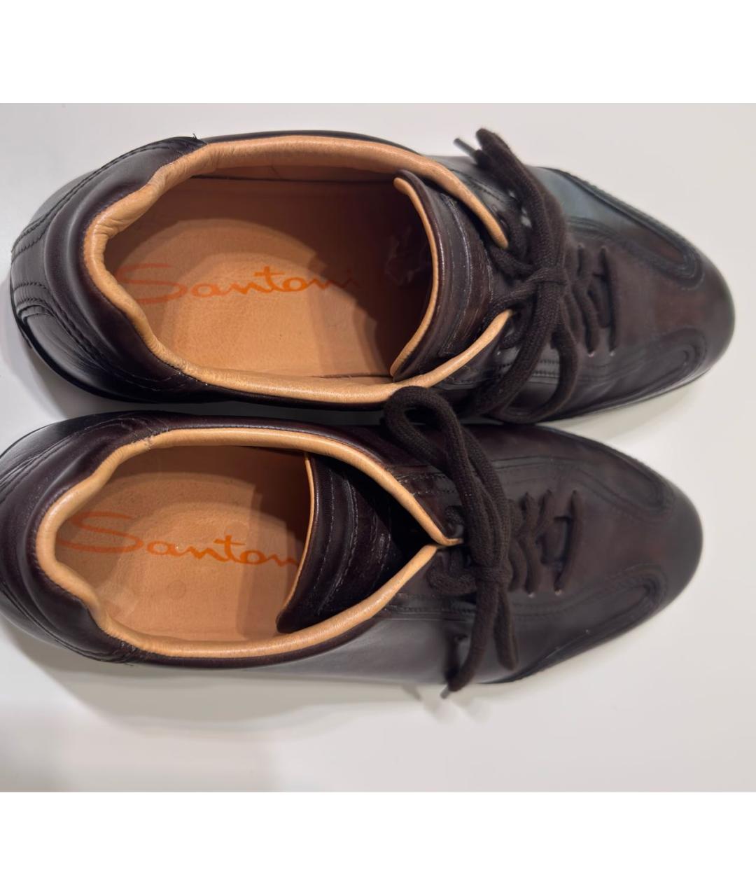 SANTONI Коричневые кожаные низкие кроссовки / кеды, фото 3
