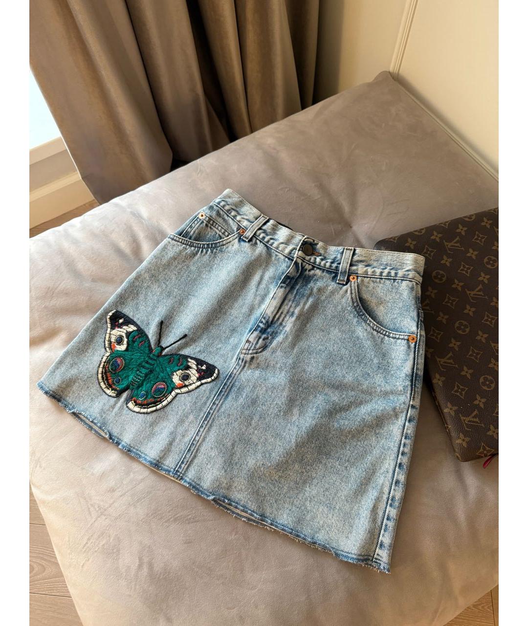 GUCCI Голубая деним юбка мини, фото 2