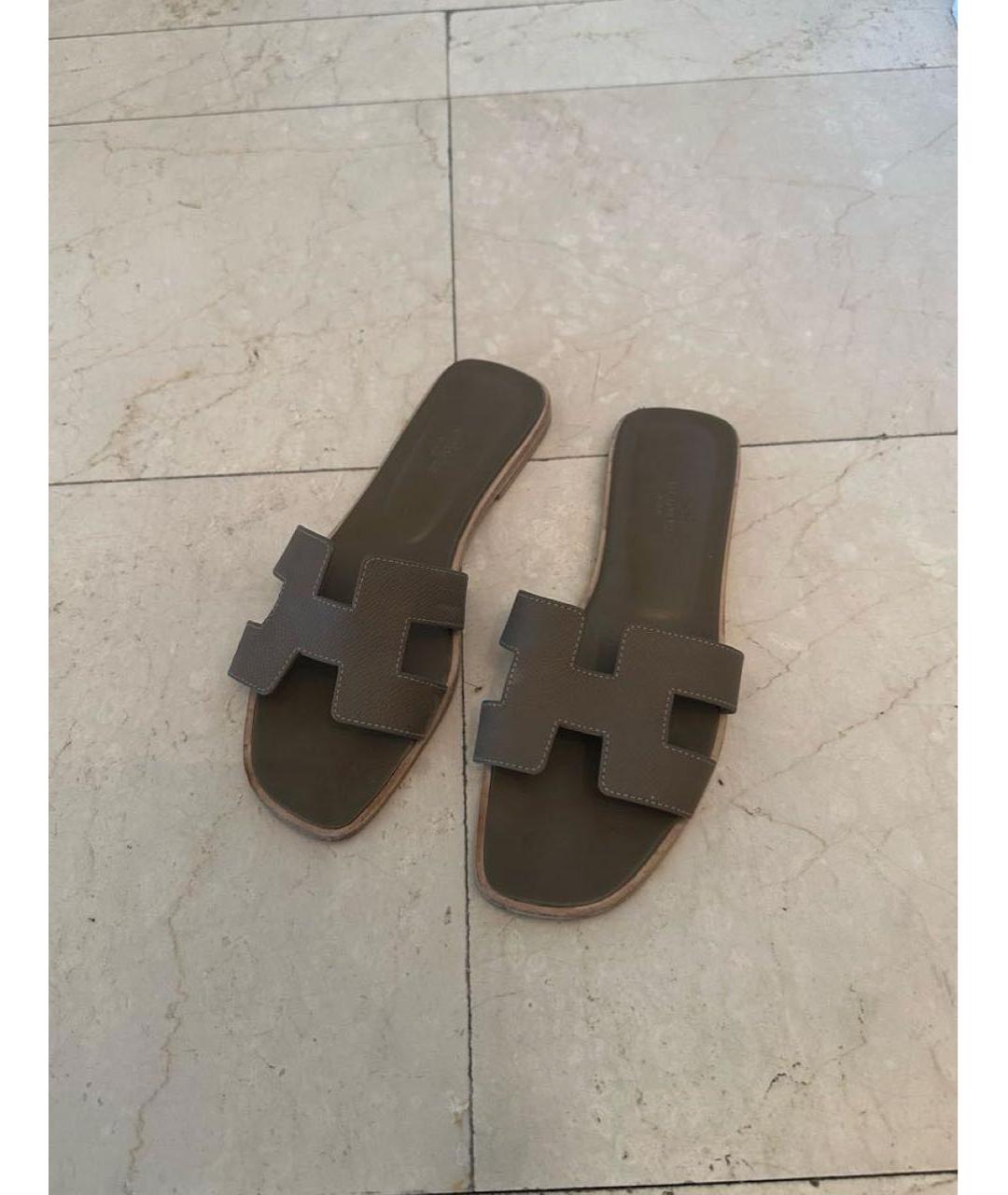 HERMES Коричневые кожаные шлепанцы, фото 5