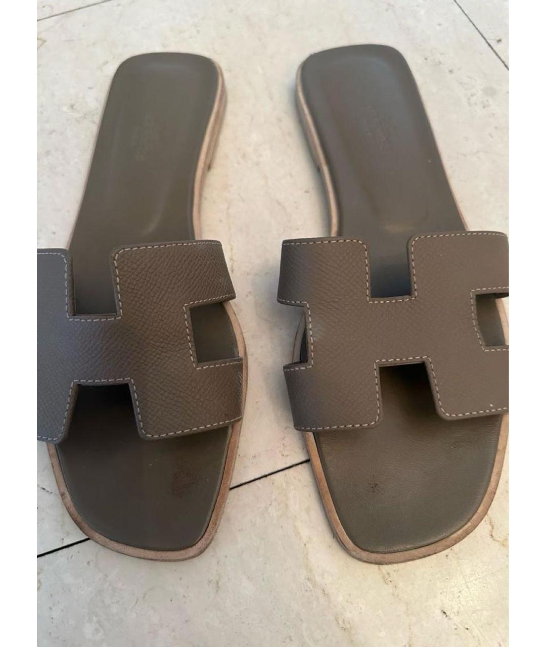 HERMES Коричневые кожаные шлепанцы, фото 2