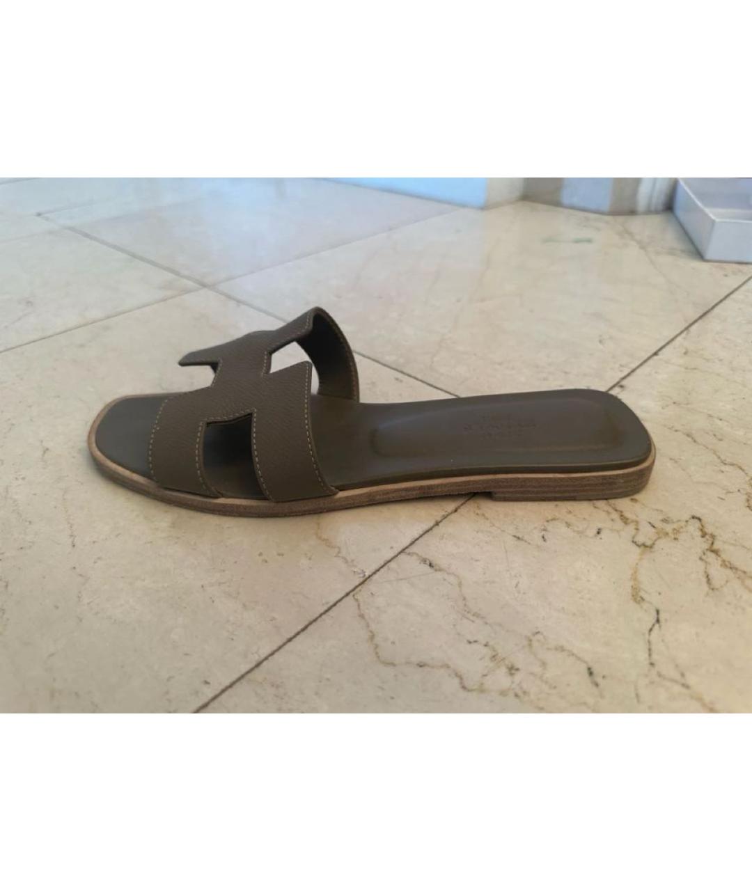 HERMES Коричневые кожаные шлепанцы, фото 6