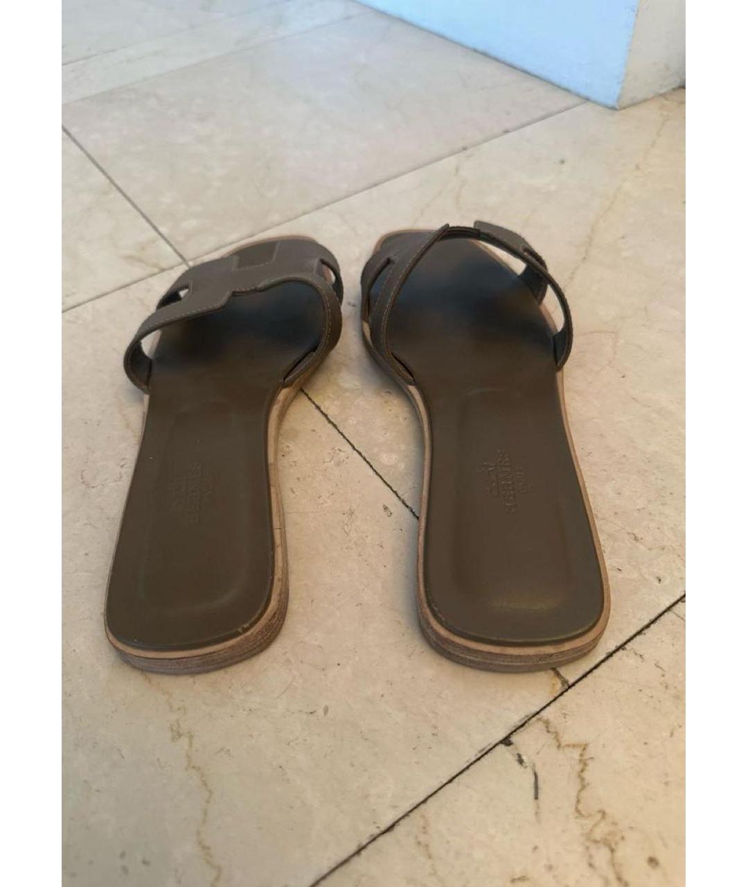 HERMES Коричневые кожаные шлепанцы, фото 3